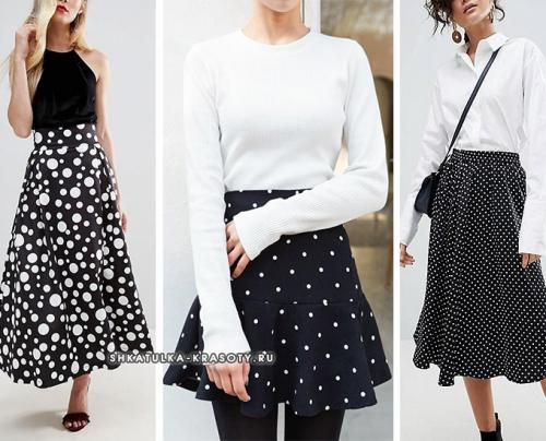 Красная юбка и черная блузка в горох. Цветовая палитра