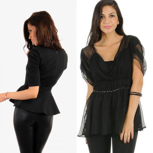 Красная юбка с белой блузкой с баской. Цветовые вариации: черная, белая и красная блузка с баской вне конкуренции