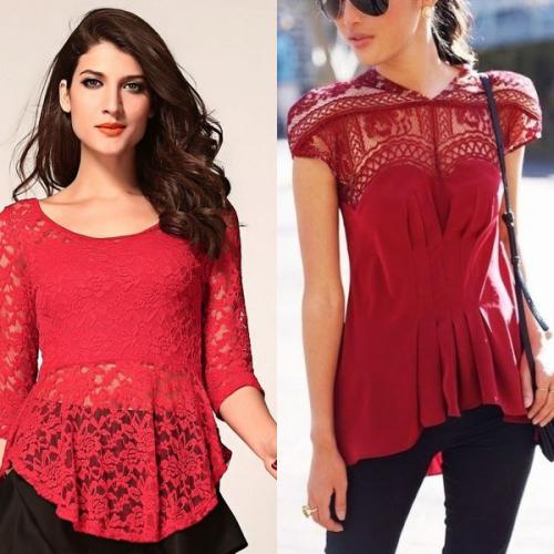 Красная юбка с белой блузкой с баской. Цветовые вариации: черная, белая и красная блузка с баской вне конкуренции