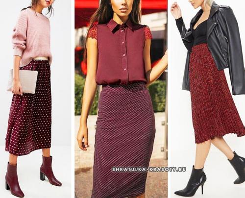 Красная юбка и белая блузка в горошек. Цветовая палитра