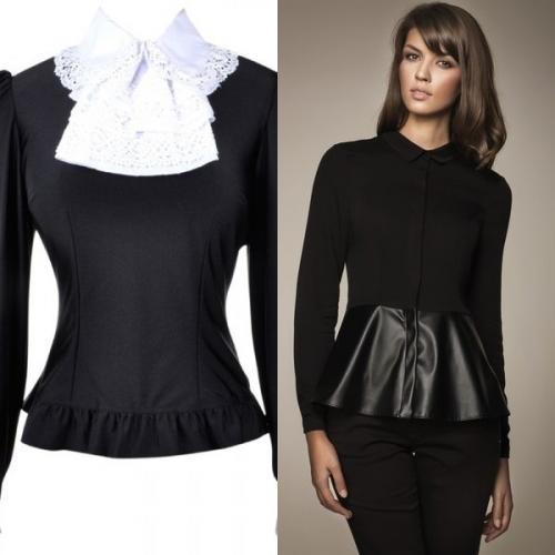 Красная юбка с белой блузкой с баской. Цветовые вариации: черная, белая и красная блузка с баской вне конкуренции