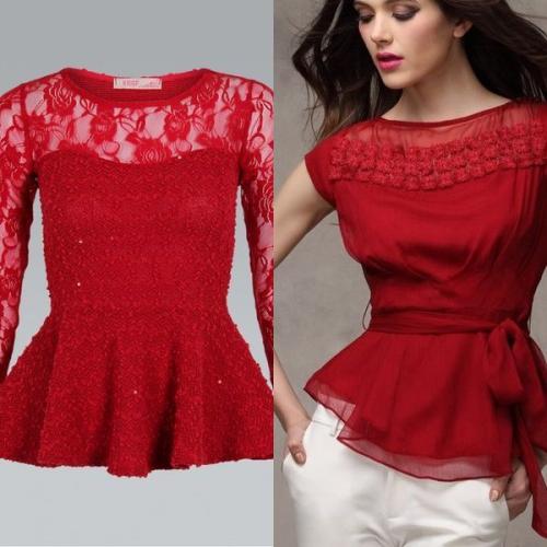 Красная юбка с белой блузкой с баской. Цветовые вариации: черная, белая и красная блузка с баской вне конкуренции