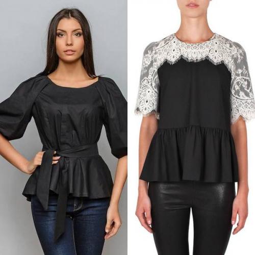 Красная юбка с белой блузкой с баской. Цветовые вариации: черная, белая и красная блузка с баской вне конкуренции