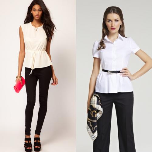 Красная юбка с белой блузкой с баской. Цветовые вариации: черная, белая и красная блузка с баской вне конкуренции