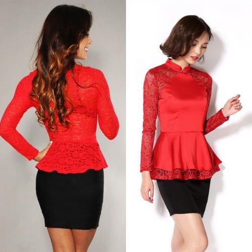 Красная юбка с белой блузкой с баской. Цветовые вариации: черная, белая и красная блузка с баской вне конкуренции