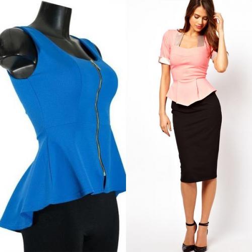 Красная юбка с белой блузкой с баской. Цветовые вариации: черная, белая и красная блузка с баской вне конкуренции