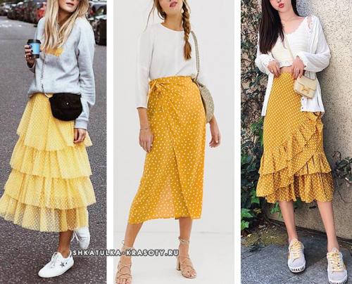 Красная юбка и белая блузка в горошек. Цветовая палитра