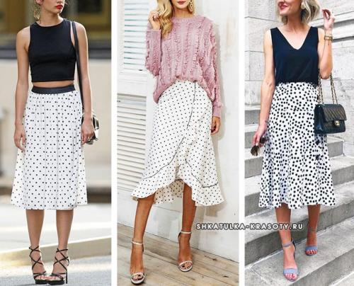 Красная юбка и белая блузка в горошек. Цветовая палитра