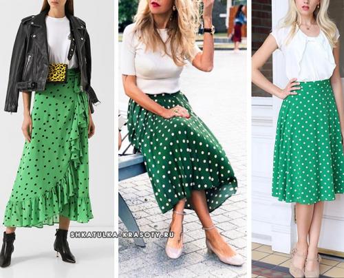 Красная юбка и белая блузка в горошек. Цветовая палитра