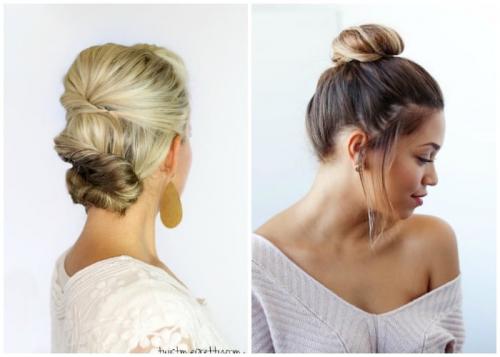 Прически на средние волосы с челкой на праздник. Вечерний вариант пучков