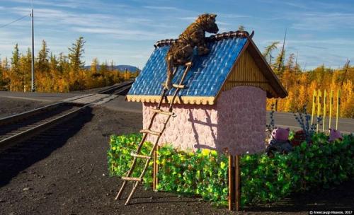 В Норильске на железнодорожном переезде поселились баба яга, три поросенка и серый волк. 02 В Норильске на железнодорожном переезде поселились баба яга, три поросенка и серый волк. 02