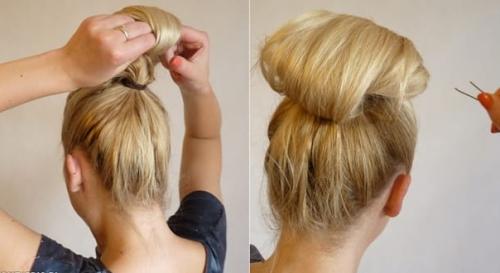 Высокая прическа на средние и длинные волосы. 02