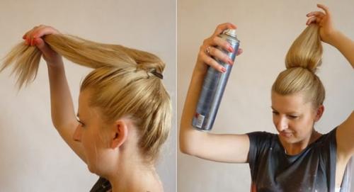 Высокая прическа на средние и длинные волосы. 01