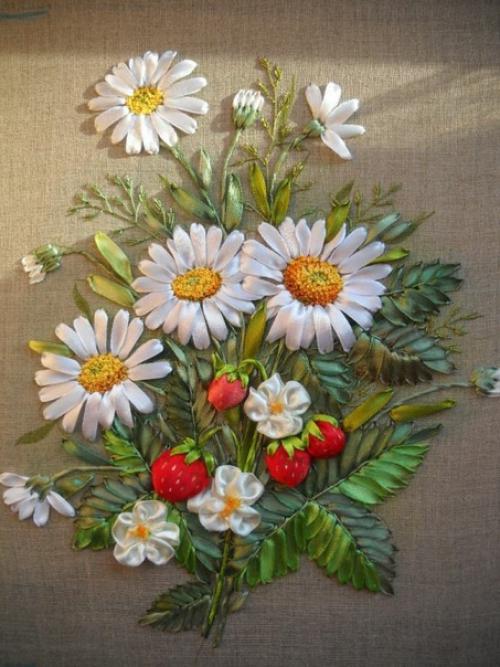 Ромашки. Вышивка атласным лентами. 04 Ромашки. Вышивка атласным лентами. 04