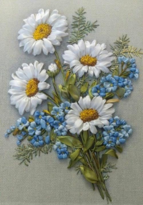 Ромашки. Вышивка атласным лентами. 01 Ромашки. Вышивка атласным лентами. 01