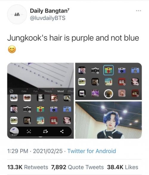 Арми в твиттере обсуждают, синяя ли прическа у гука или фиолетовая. 03