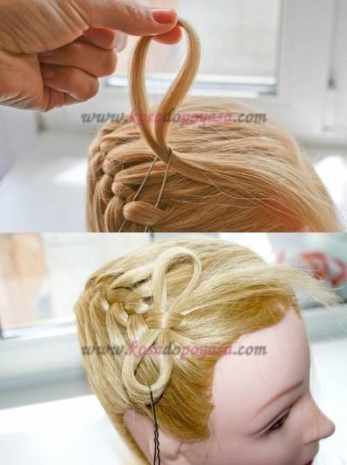 Французская коса с бантиками по диагонали. 02