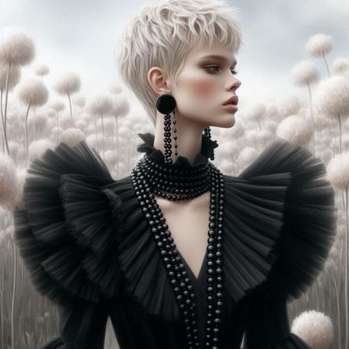 Модное фото супермодели в черном платье с оборками и жемчужном ожерелье в сюрреалистическом темном саду, полном гигантских цветов. 02