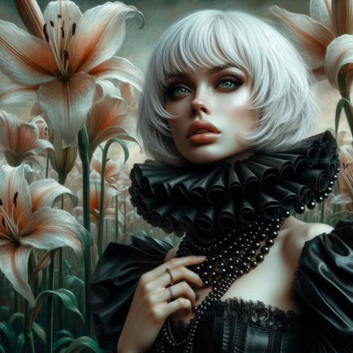 Модное фото супермодели в черном платье с оборками и жемчужном ожерелье в сюрреалистическом темном саду, полном гигантских цветов. 03