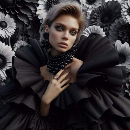 Модное фото супермодели в черном платье с оборками и жемчужном ожерелье в сюрреалистическом темном саду, полном гигантских цветов. 01