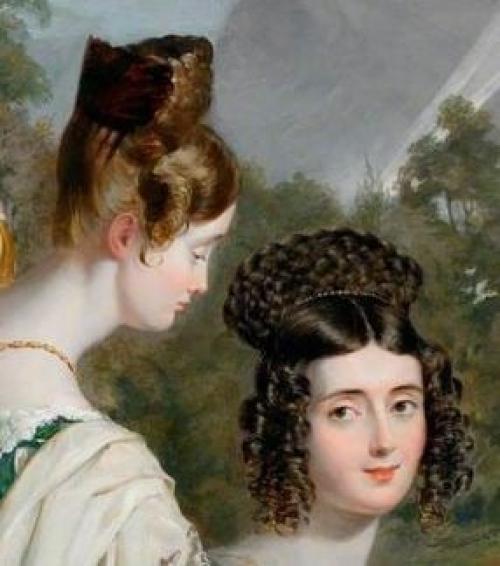 Прически с косами в 1830-х. в то время из кос делали совершенно невероятные конструкции. 05