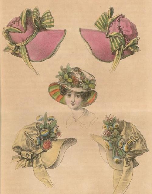 Шляпки эпохи романтизма были под стать названию периода - большие, широкополые, украшенные перьями, лентами и бантами. 06